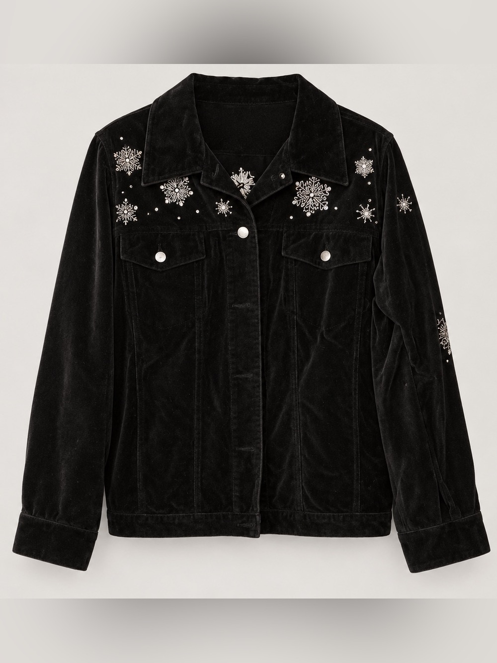 Embellished Black Velvet Jacket with Snowflake Details